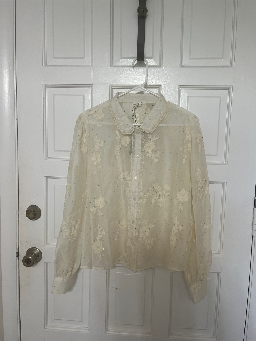 Ultra Pink Sheer Floral Embroidered Button-Front Blouse - Cream